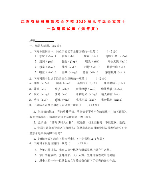 江苏省扬州梅苑双语学校2020届九年级语文第十一次周练试题(无答案)