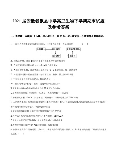 2021届安徽省歙县中学高三生物下学期期末试题及参考答案