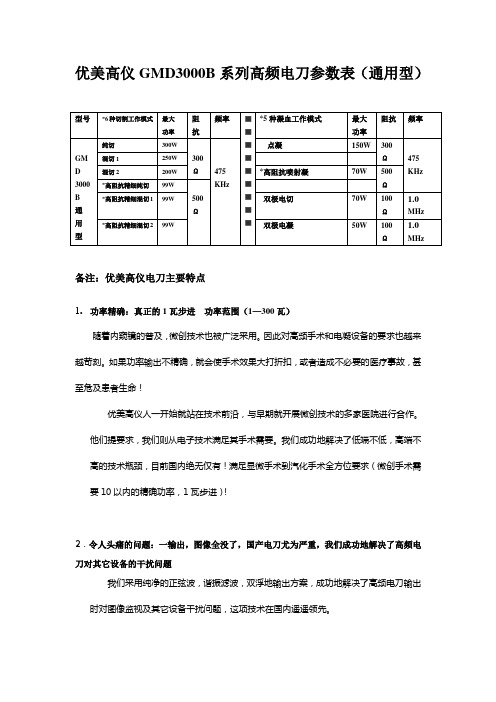 优美高仪GMD3000B系列高频电刀参数表通用型