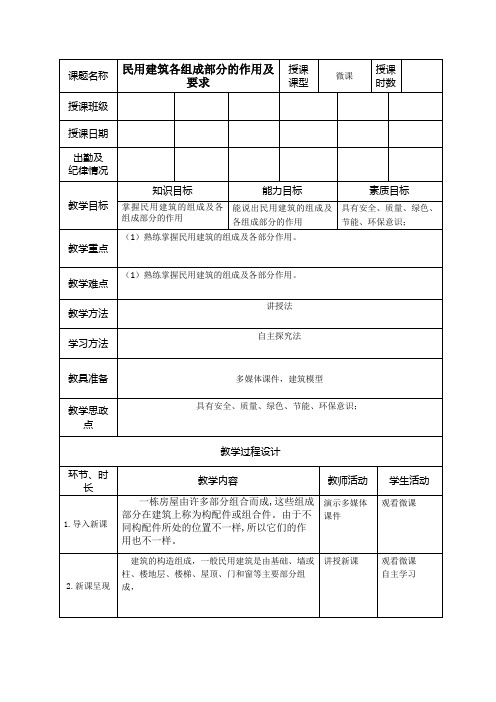 中职教育一年级下学期《民用建筑的构造组成及作用》教学设计