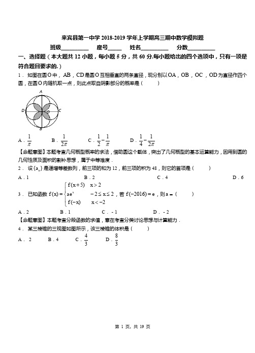 来宾县第一中学2018-2019学年上学期高三期中数学模拟题