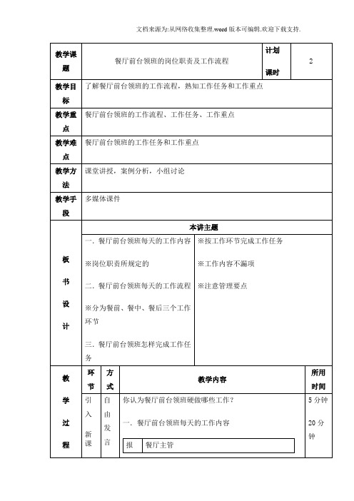 餐厅前台领班的岗位职责及工作流程