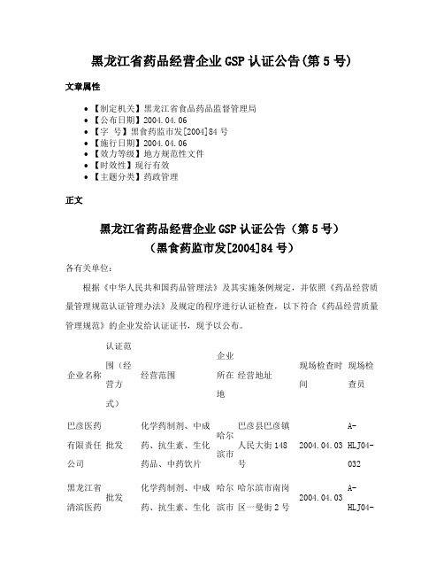 黑龙江省药品经营企业GSP认证公告(第5号)