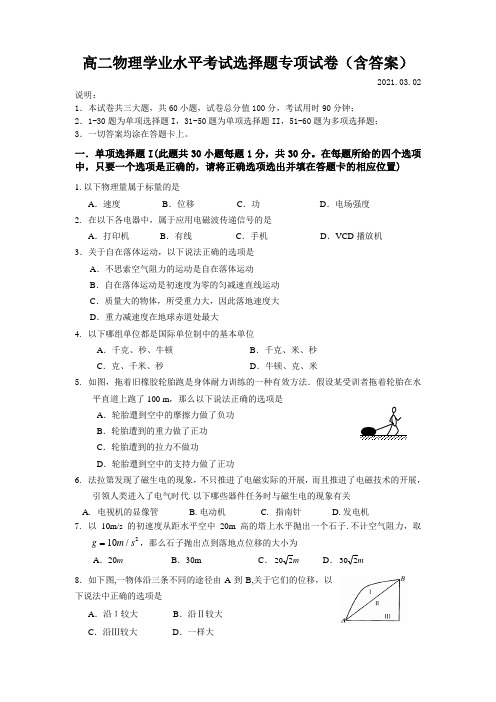 高二物理学业水平考试选择题专项试卷(含答案)