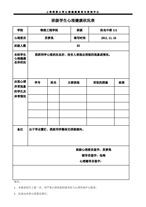 班级学生心理健康状况表