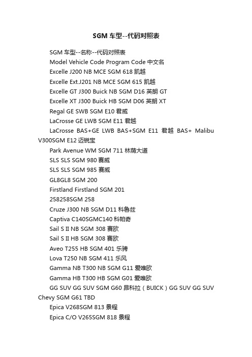 SGM车型--代码对照表