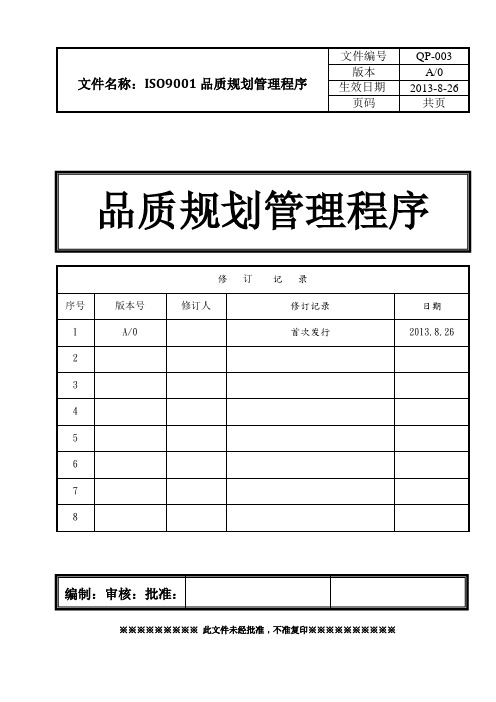 ISO9001品质规划管理程序(含表格)