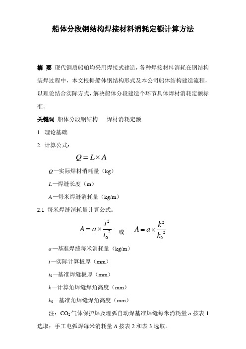 船体分段钢结构焊接材料消耗定额计算方法