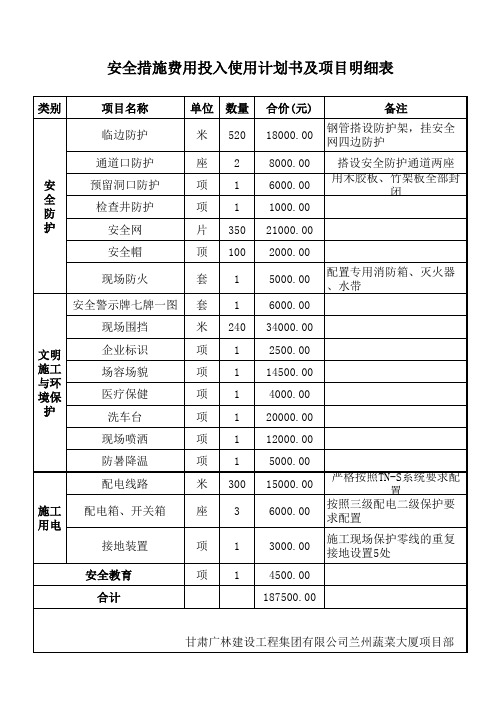 安全措施费用投入计划书