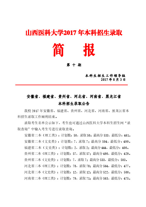 山西医科大学2017年本科招生录取