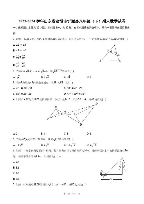 2023-2024学年山东省淄博市沂源县八年级(下)期末数学试卷(含答案)