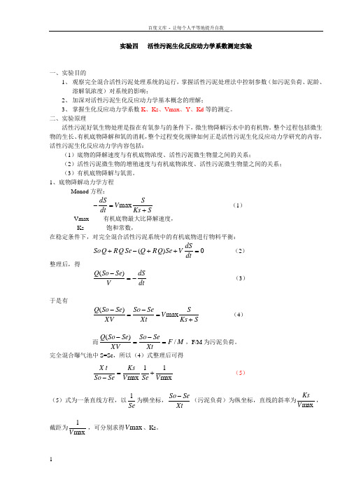 实验四活性污泥生化反应动力学系数测定实验