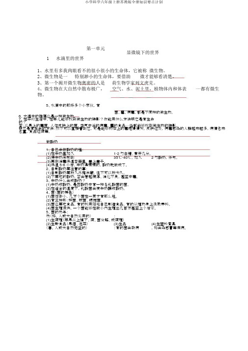 小学科学六年级上册苏教版全册知识要点计划