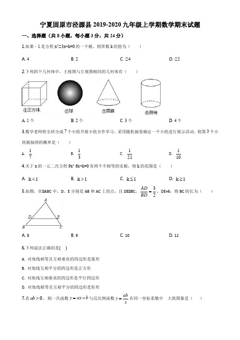 宁夏固原市泾源县2019-2020九年级上学期数学期末试题