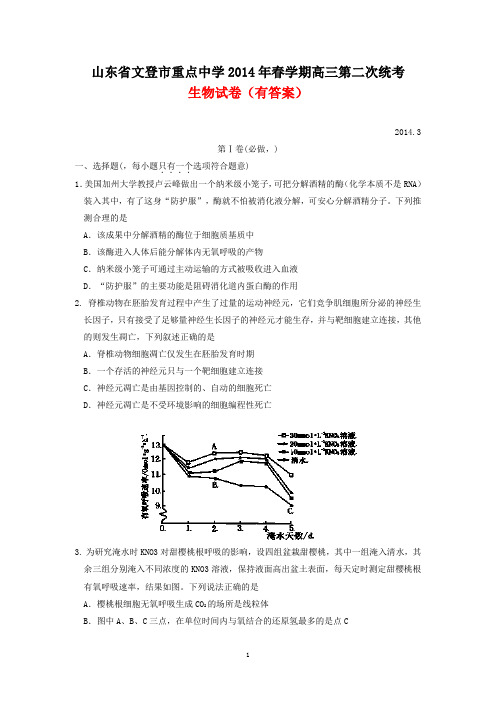 山东省文登市重点中学2014年春学期高三第二次统考生物试卷(有答案)