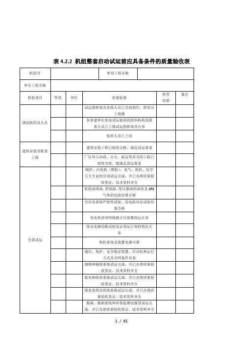 机组整套启动试运前应具备条件的质量验收表