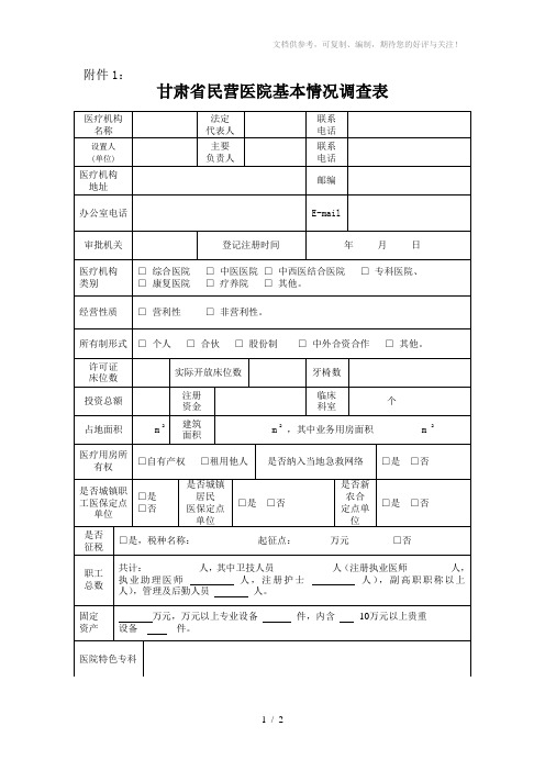 甘肃省民营医院基本情况调查表