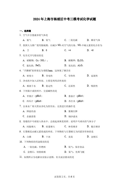 2024年上海市杨浦区中考三模考试化学试题