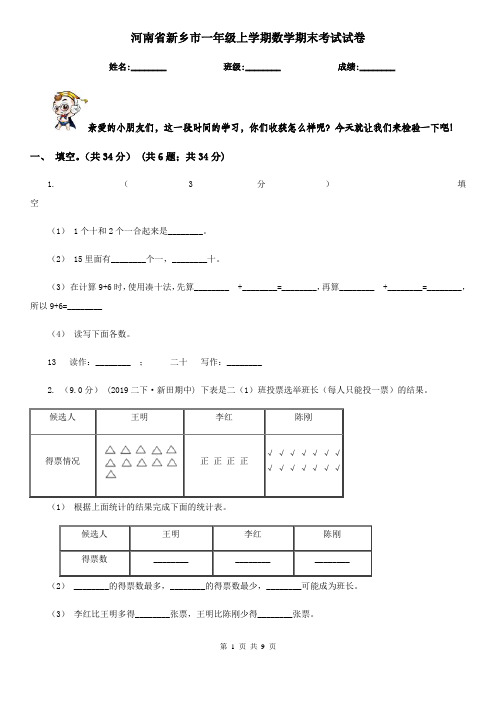 河南省新乡市一年级上学期数学期末考试试卷