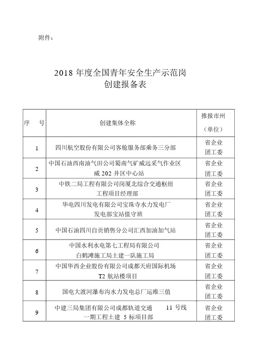 2018年全国青年安全生产示范岗创建报备表