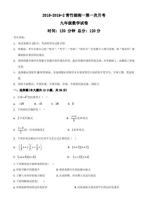 湖南省长沙市开福区青竹湖湘一2018-2019年下期九年级第一次月考数学卷(无答案)