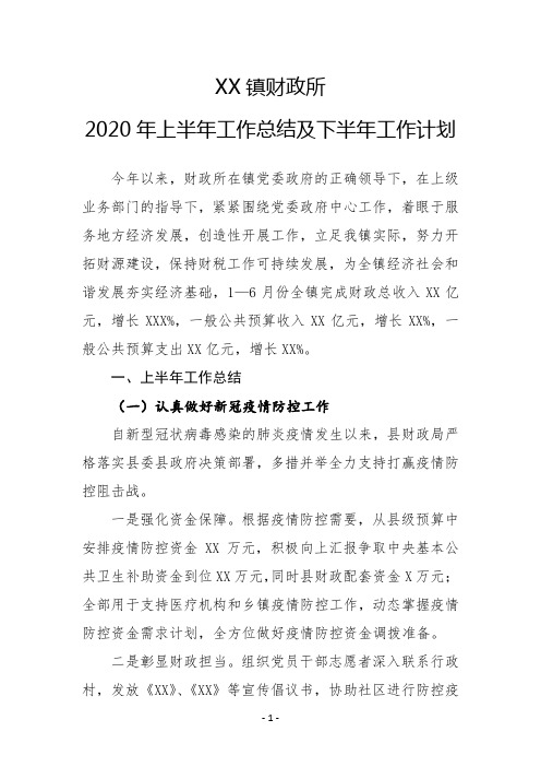 XX镇财政所2020年上半年工作总结及下半年工作计划