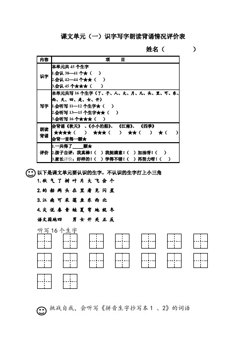 课文单元(一)识字写字朗读背诵情况评价表