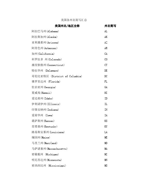 美国各州名简写汇总