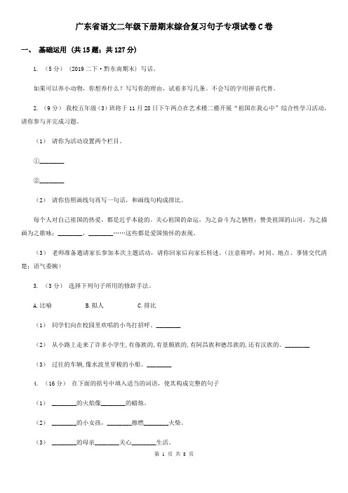 广东省语文二年级下册期末综合复习句子专项试卷C卷