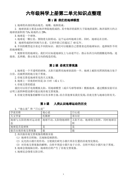 小学科学教科版六年级上册第二单元《地球的运动》知识点整理(2021新版)