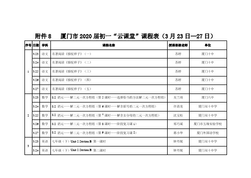 厦门市2020届初一“云课堂”课程月23日—27日