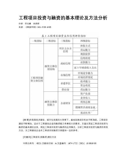 工程项目投资与融资的基本理论及方法分析