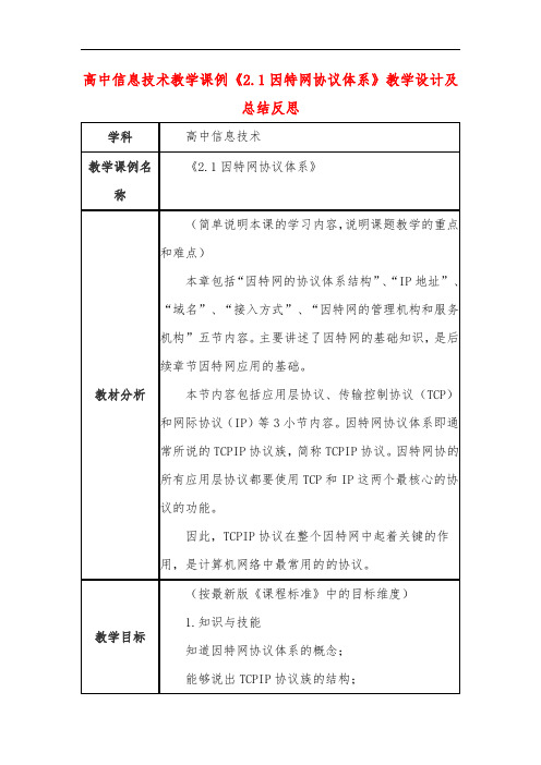 高中信息技术教学课例《2.1因特网协议体系》课程思政核心素养教学设计及总结反思