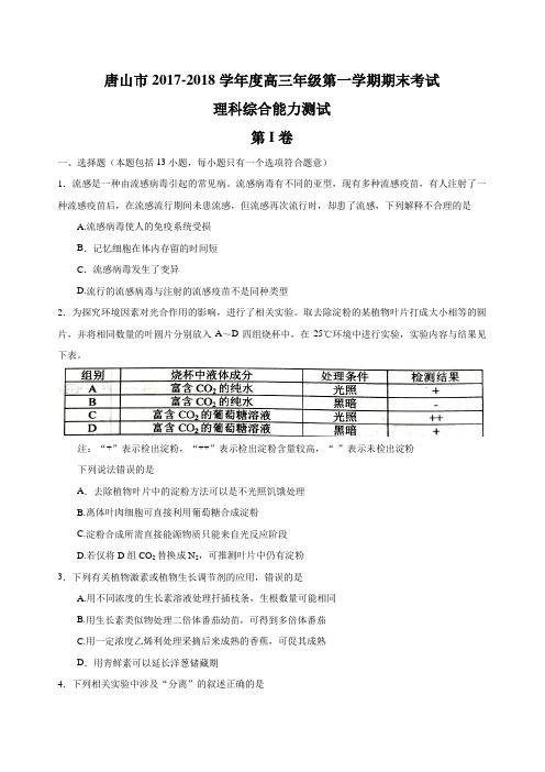 河北省唐山市2018届高三模拟考试理科综合试题及答案