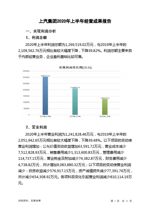 上汽集团2020年上半年经营成果报告