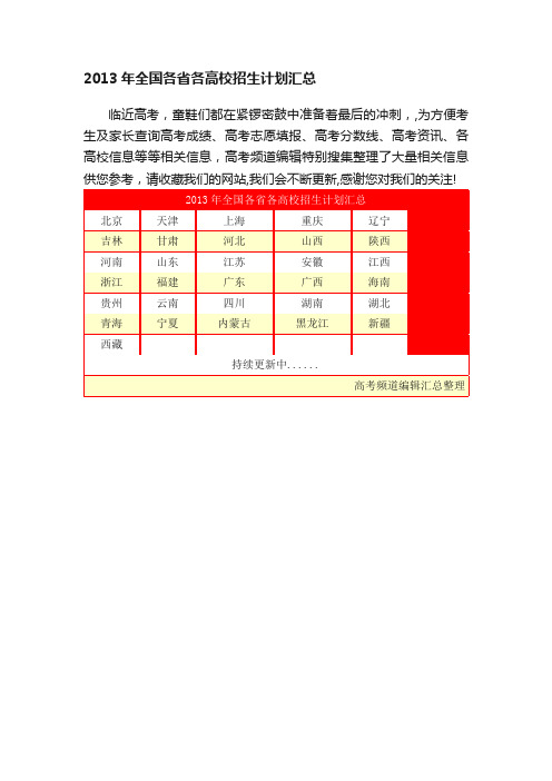 2013年全国各省各高校招生计划汇总