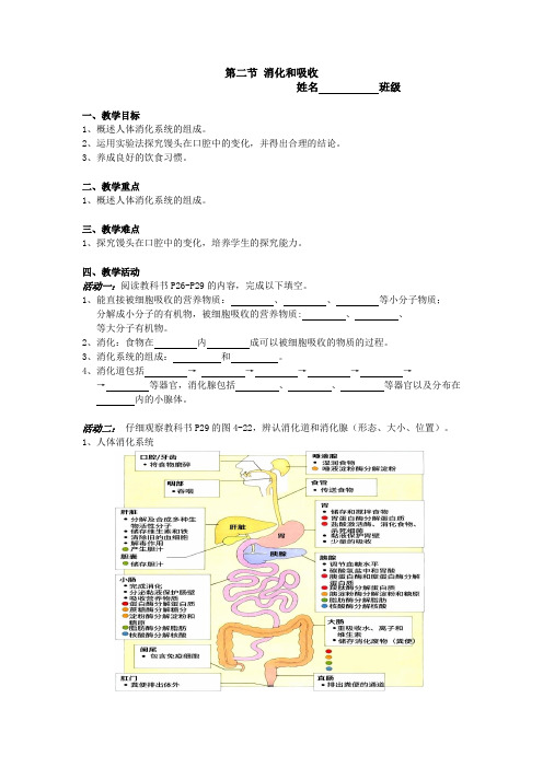 人教版生物七年级下册 4.2.2《消化和吸收》 学案设计(无答案)