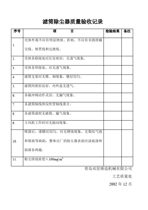 滤筒除尘器质量标准