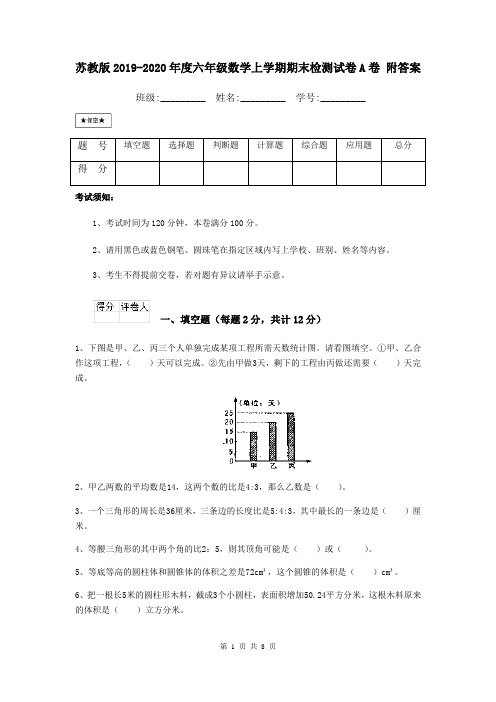 苏教版2019-2020年度六年级数学上学期期末检测试卷A卷 附答案