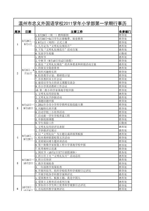 2011学年第一学期小学部行事历