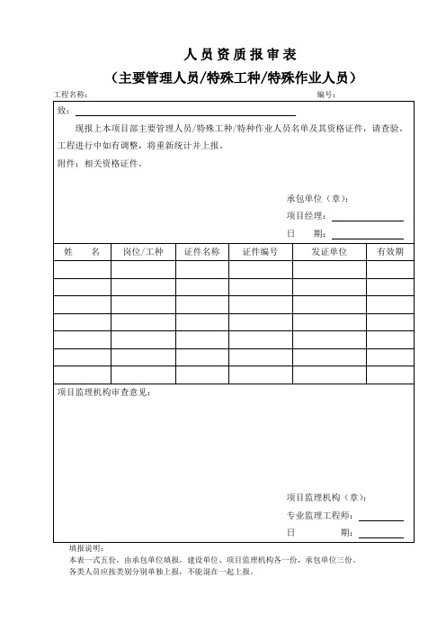 表A.7 人员资质报审表(主要管理人员、特殊工种、特殊作业人员)