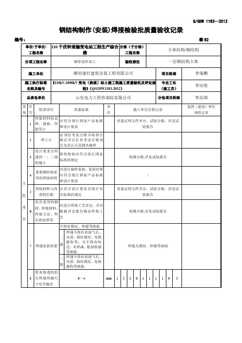 表82 钢结构制作(安装)焊接检验批质量验收记录