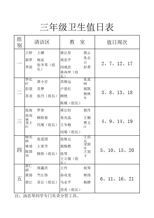 三年级卫生值日表