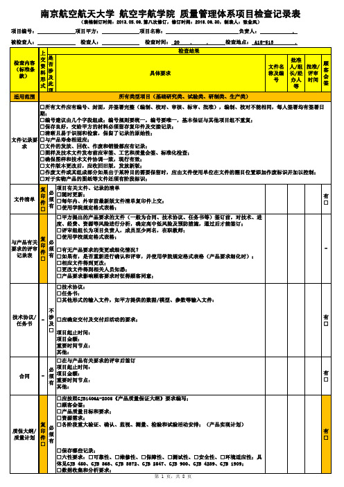 南京航空航天大学航空宇航学院质量管理体系项目检查记录表