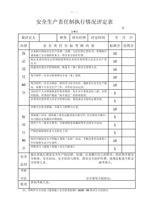 安全生产责任制执行情况评定表 (1)