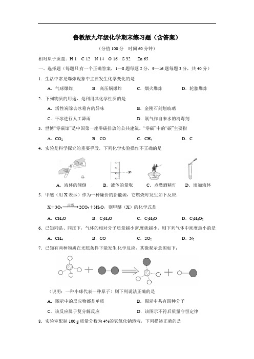 2018鲁教版九年级化学(全一册)期末模拟测试卷