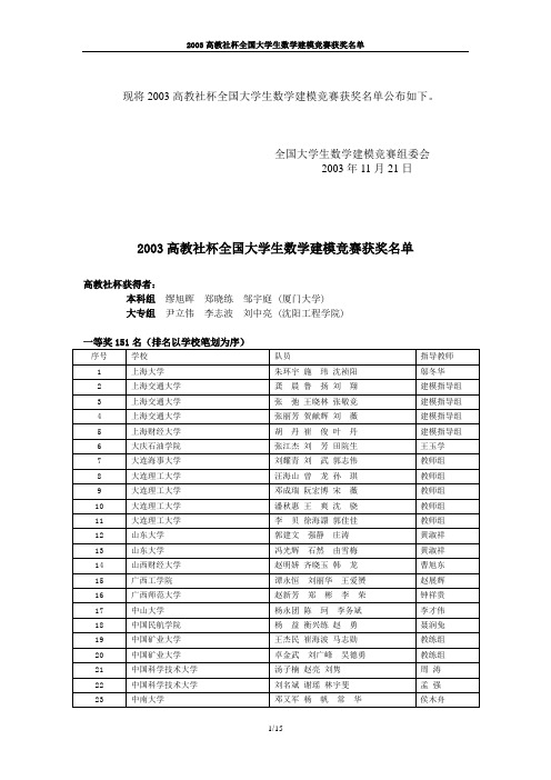 2003高教社杯全国大学生数学建模竞赛获奖名单