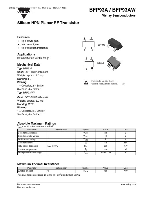 VISHAY BFP93A BFP93AW Data Sheet