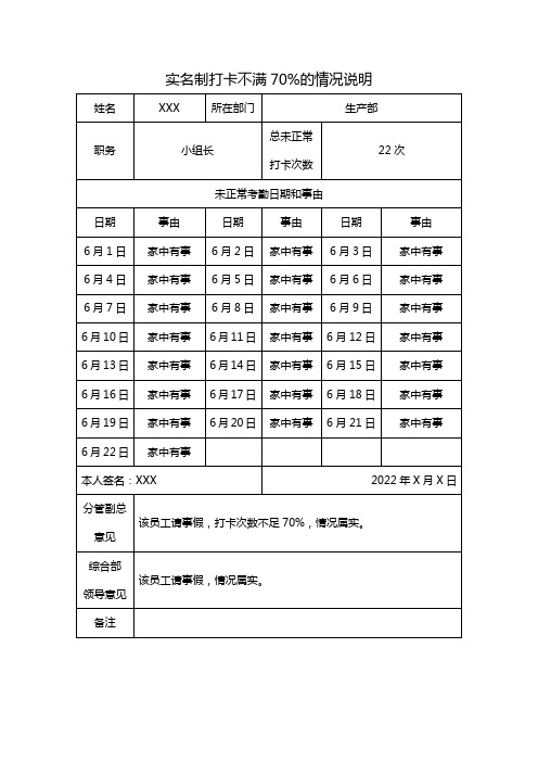 实名制打卡不满70%的情况说明