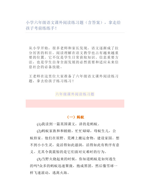 小学六年级语文课外阅读练习题(含答案)拿走考前练练手